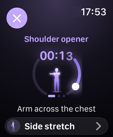 Guided stretch with a glowing figure and a countdown