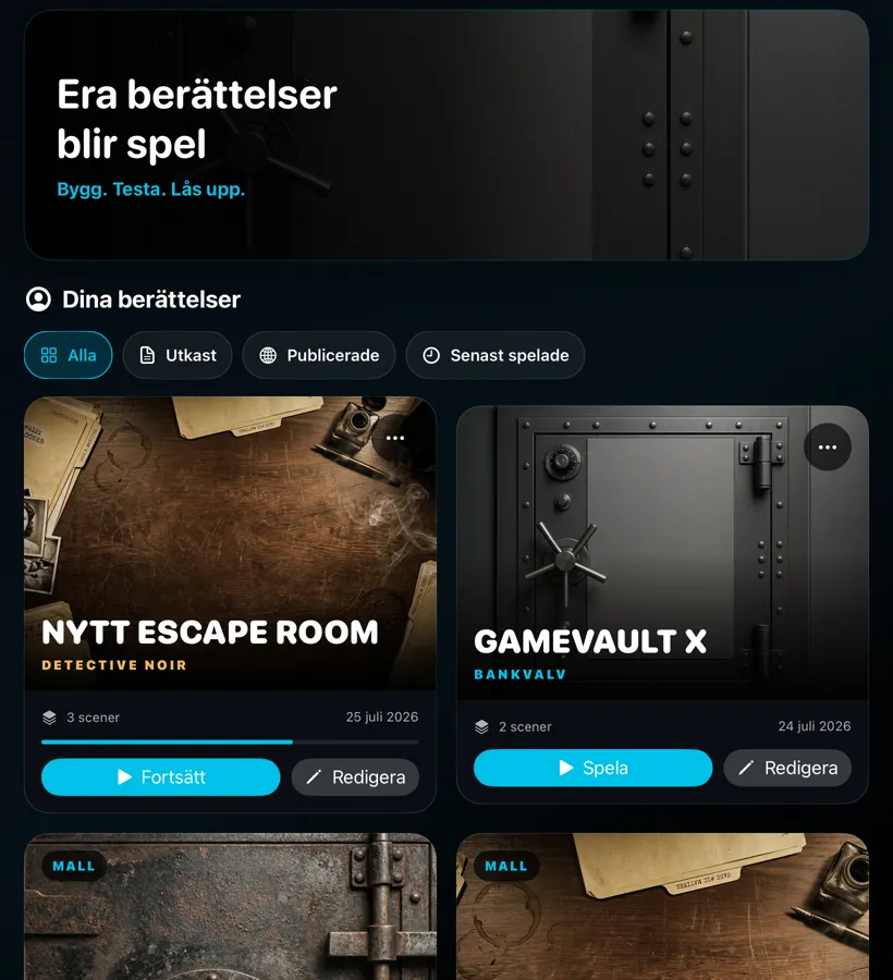 The GameVault X library on iPad with custom adventures and templates