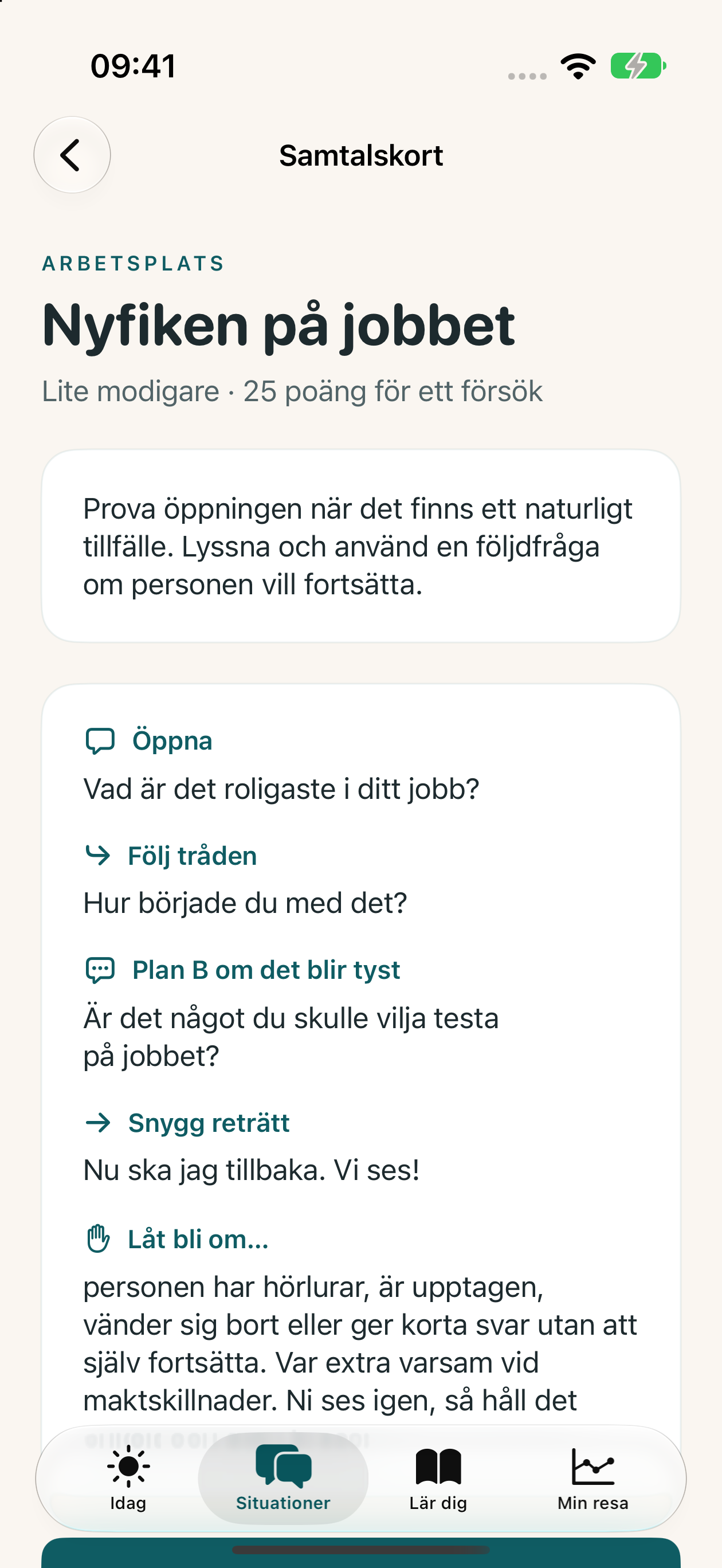 Samtalskort med öppningen Vad är det roligaste i ditt jobb? och stöd för att fortsätta och avsluta.
